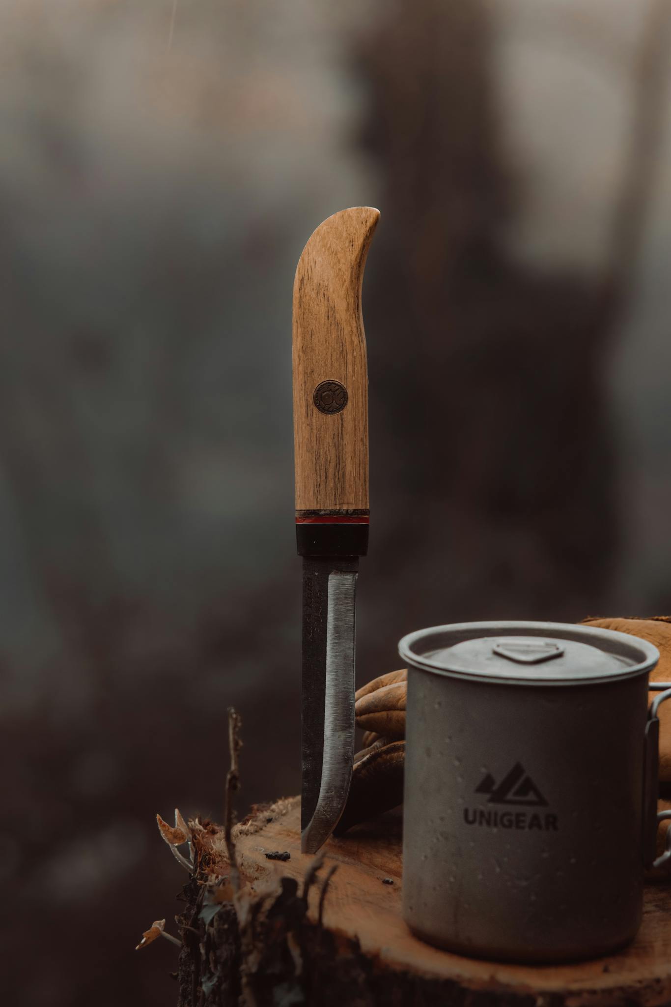 Knife and Cup on Tree Trunk