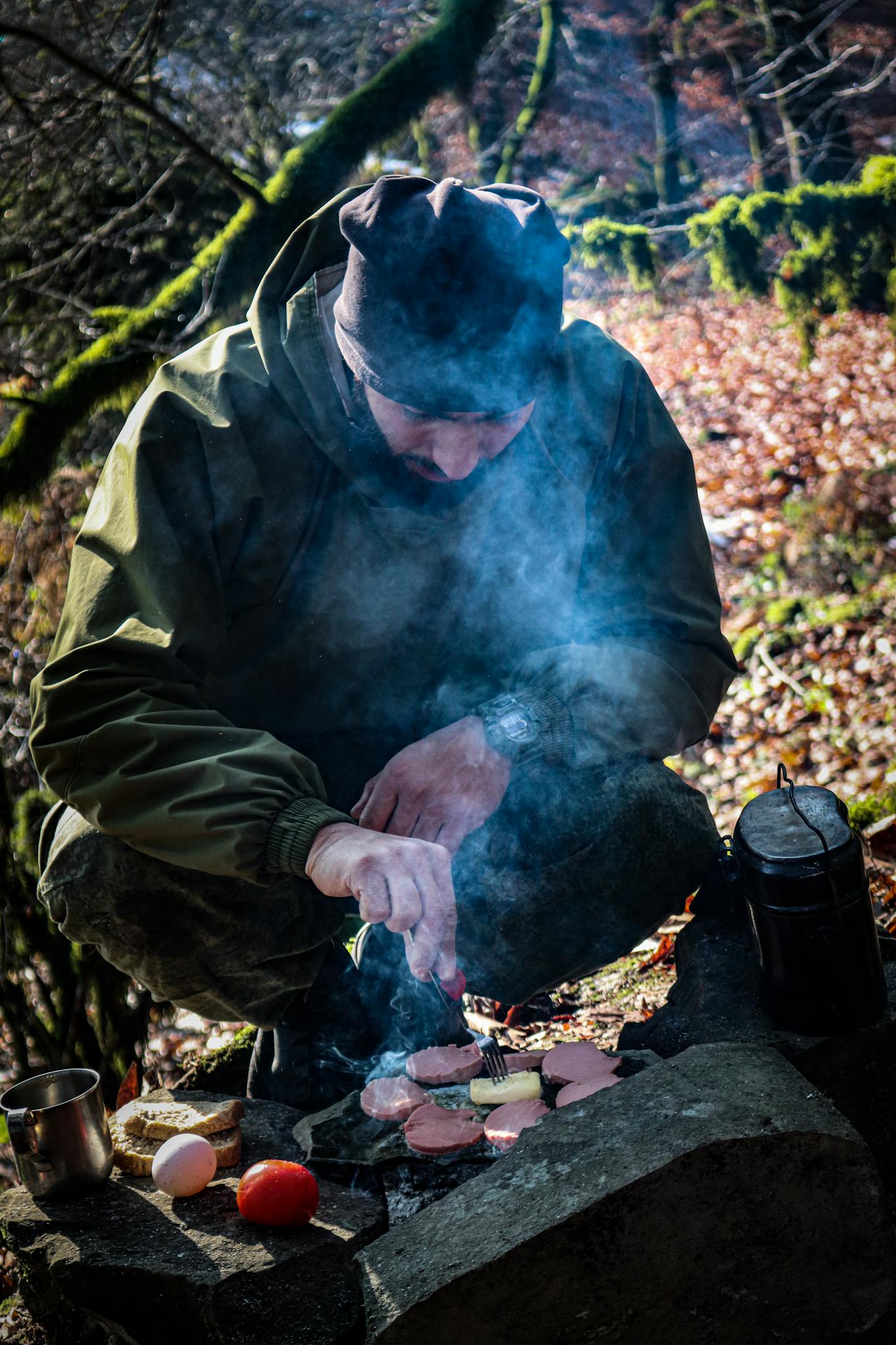 Man Cooking Food in Wild